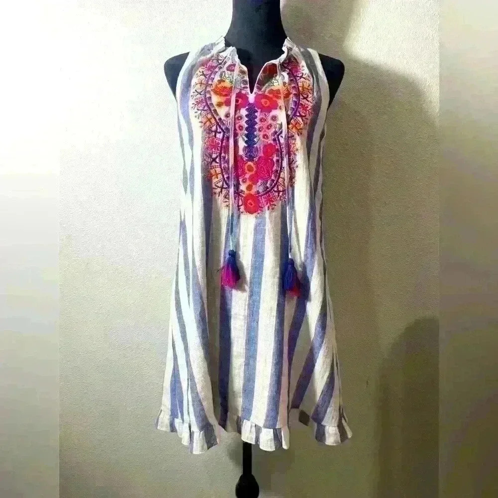 Altard State Blue and white striped dress with colorful floral embroidery- sz S